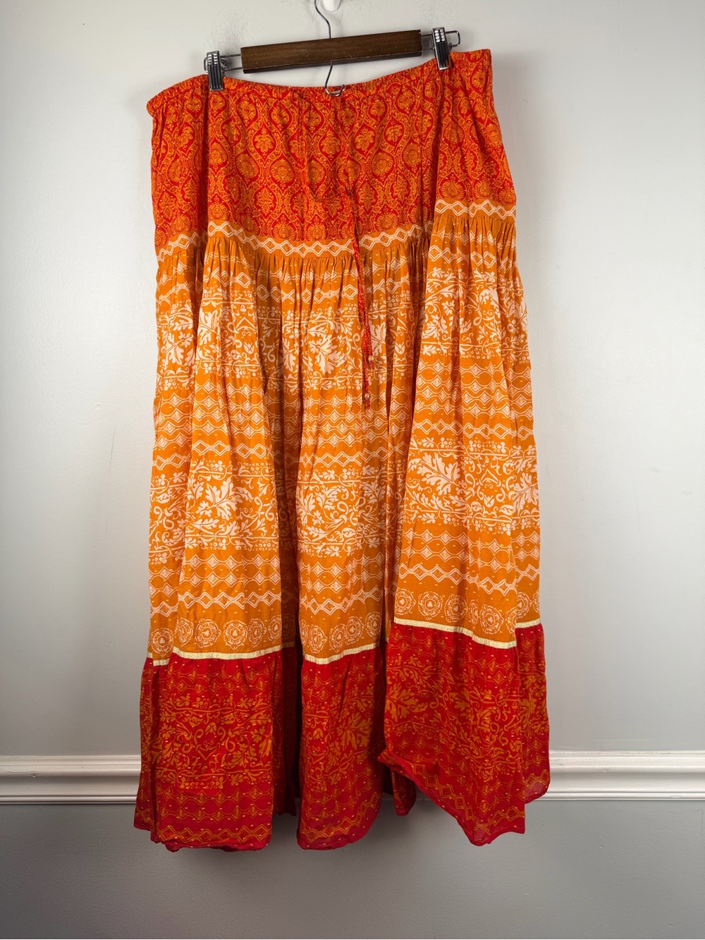 Sundance maxi 100% cotton tiered orange red skirt size XL